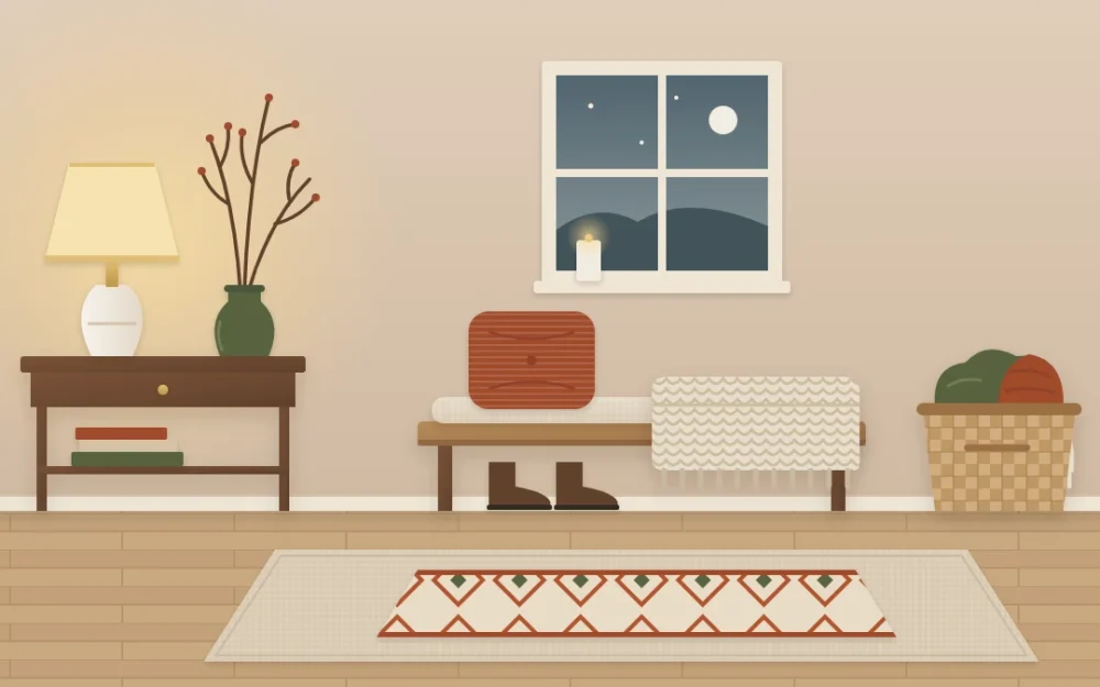 Snug winter entryway with a bench, chunky knitted throw and rust cushion, a glowing table lamp on a console, a basket of scarves, a layered rug and bare branches