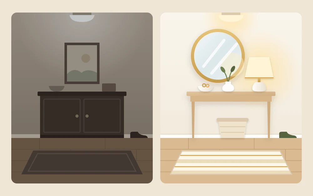 The same windowless entry twice: dim with a dark rug and heavy cabinet, then brighter with a pale rug, leggy console, mirror and glowing lamp