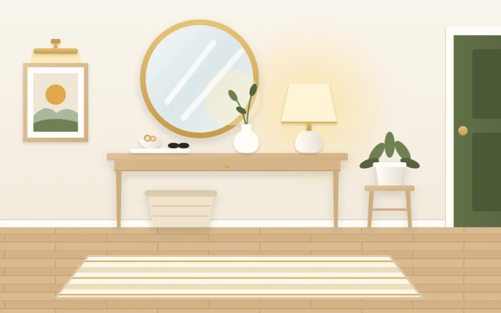 Windowless entry with a cream wall, a large round mirror, a glowing lamp on a light wood console, a pale striped rug and a picture light