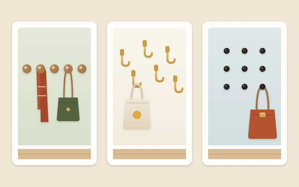 Three wall hook arrangements side by side: five round knobs in a row, six hooks at staggered heights and a grid of nine pegs with one bag