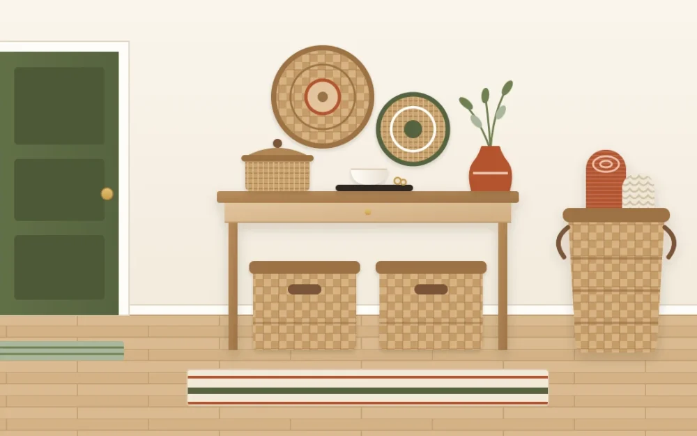 Entry corner with two matching square baskets under a console, a tall floor basket holding a rolled blanket, a small lidded basket and two flat wall baskets