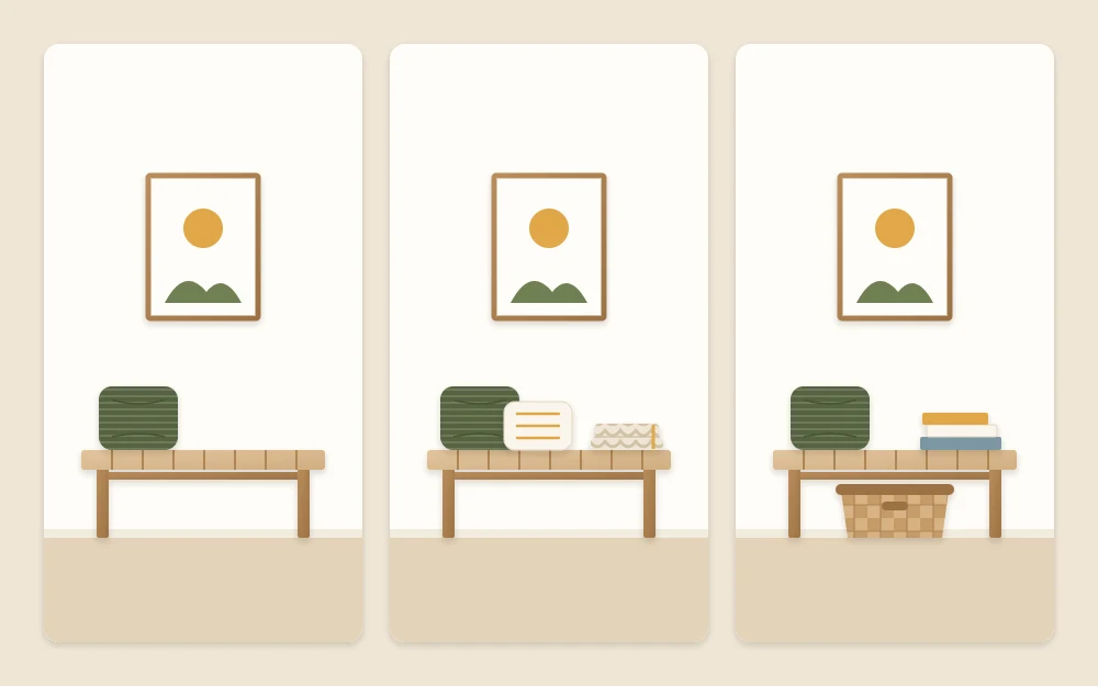 The same wooden bench styled three ways: with one cushion, with two cushions and a folded throw, and with a cushion, books and a basket below