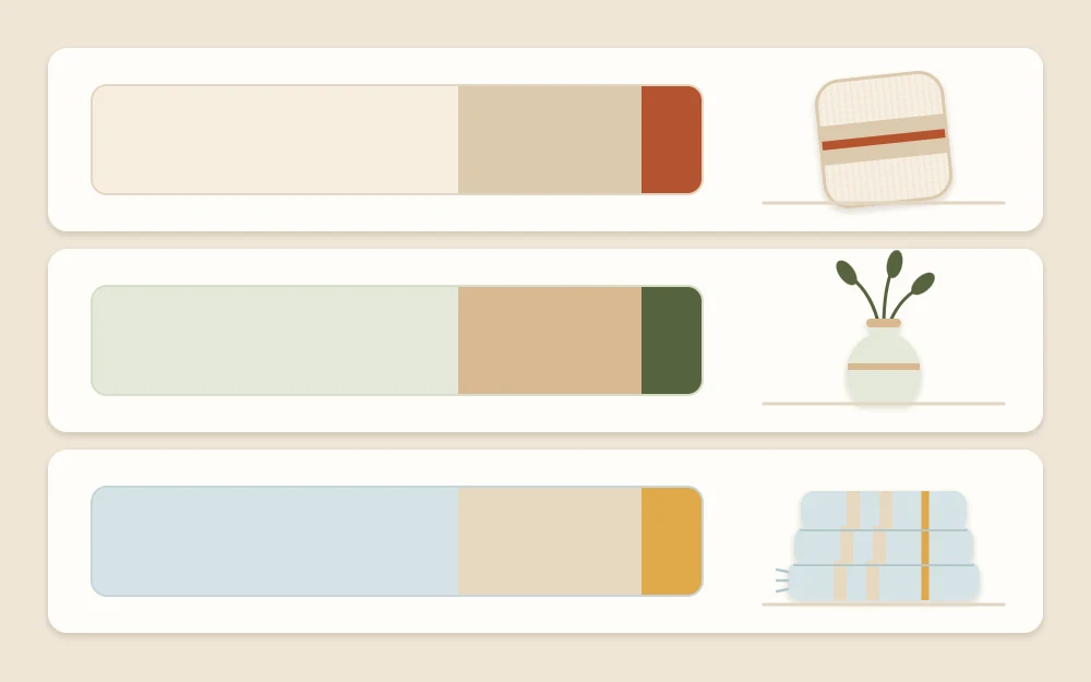 Three palette strips, each with a large light block, a medium neutral block and a small accent block, beside a matching cushion, vase and folded runner