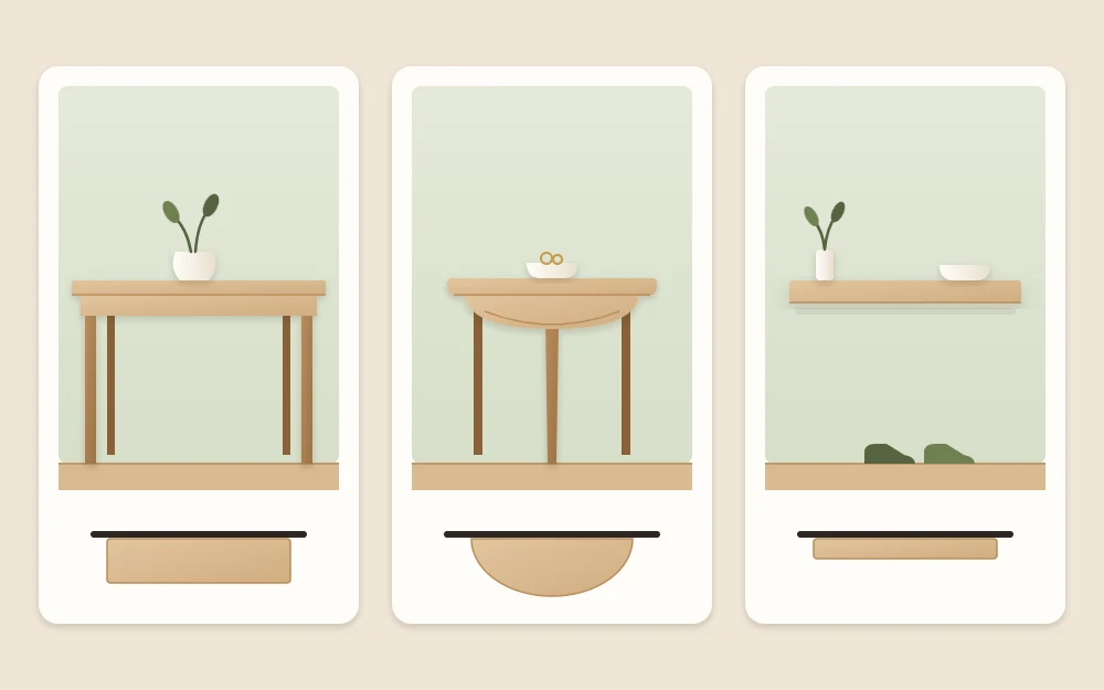 Three console shapes seen from the front: a long rectangular table on four legs, a half-round demilune table and a shallow wall-mounted ledge