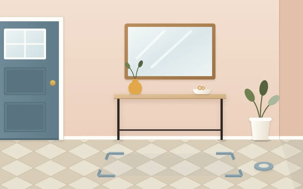 Slim console table on tall thin legs centered on a wall section between a door and a corner, a slightly narrower mirror above and tape corners on the floor