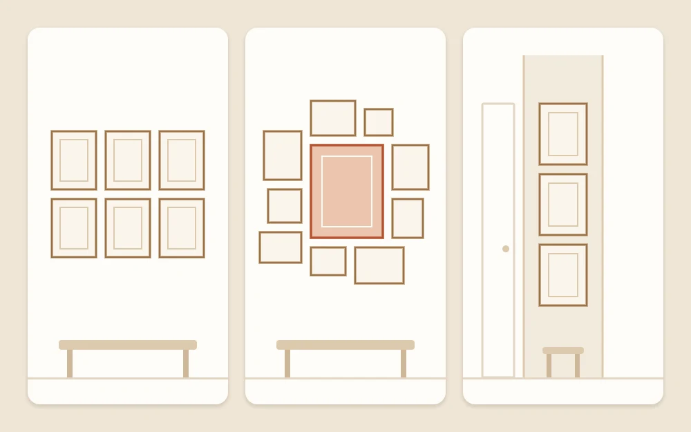 Three gallery wall layouts drawn as plain frame outlines: a grid of six, a cluster around one large frame and a vertical stack of three