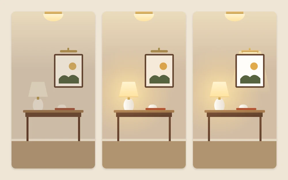 The same console wall three times: flat under a ceiling light only, with a glowing table lamp, and with both a lamp and a picture light