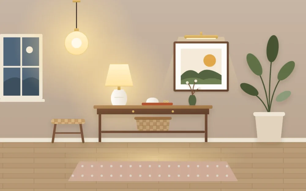 Entryway in the evening with a glowing globe ceiling pendant, a table lamp on a console and a small picture light over a framed print on a dusky wall