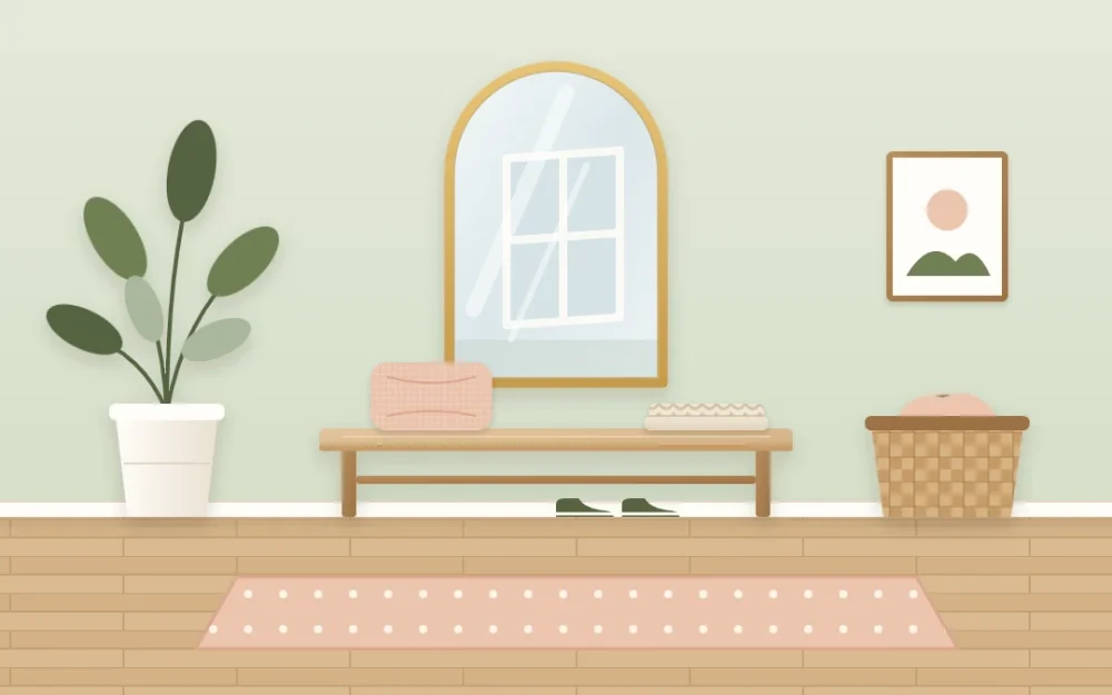 Tall arched mirror with a thin brass frame above a low wooden bench with a cushion, reflecting a pale window shape, with a plant beside it