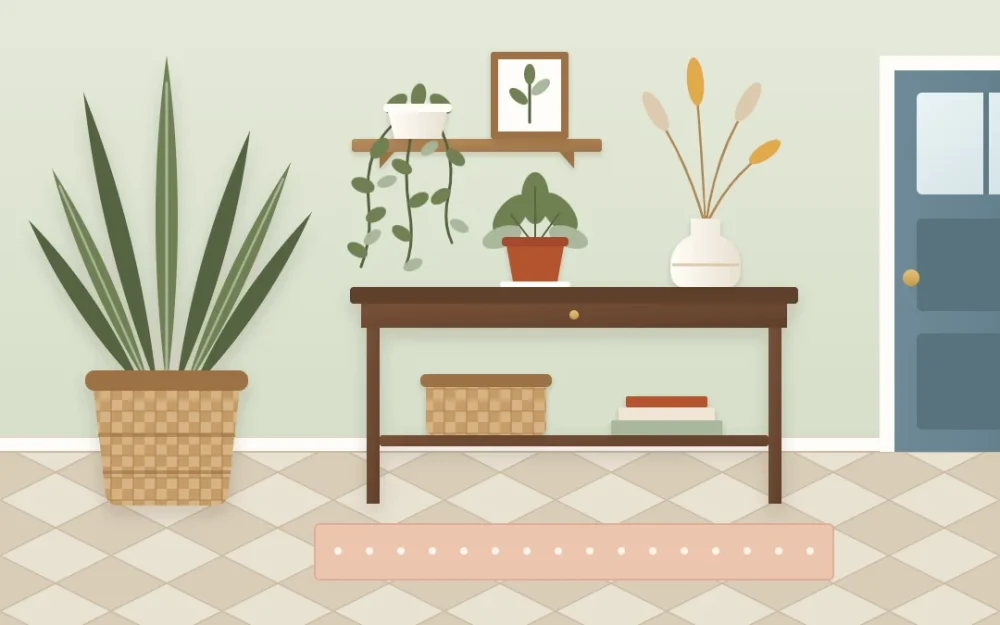Entry wall with a tall plant in a woven basket, a trailing plant on a shelf, a small potted plant on a console and a vase of dried stems