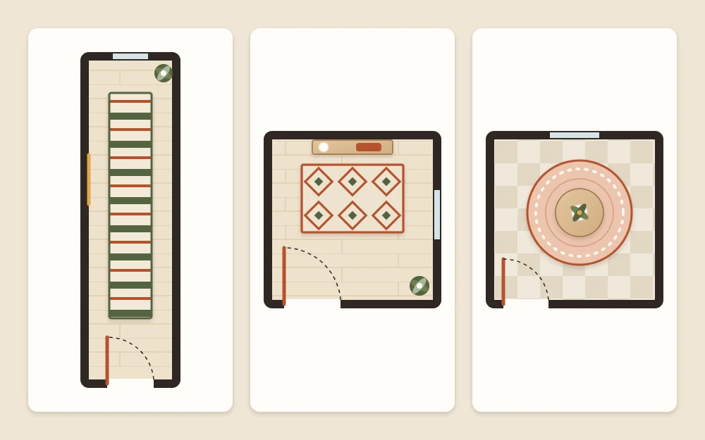 Three top-down diagrams: a runner centered in a narrow hall, a rectangular rug clear of a door swing, and a round rug under a round table