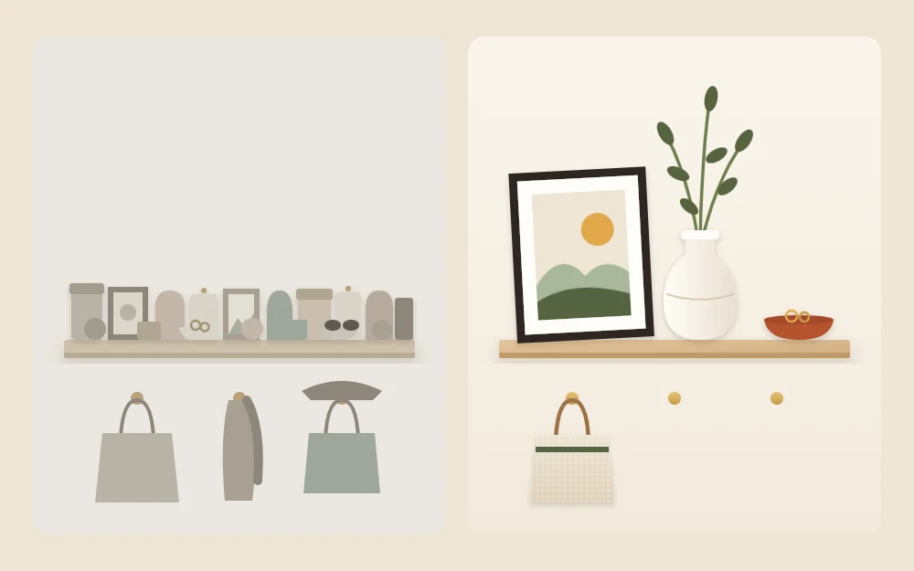 One shelf drawn twice: crowded with many small same-height objects, then edited to a leaning frame, tall vase and low dish