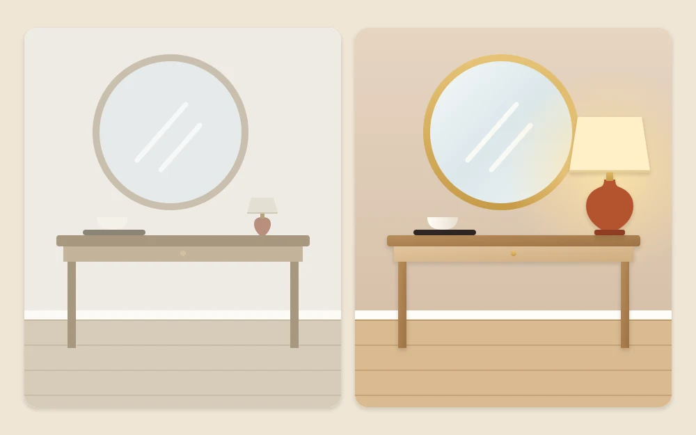 One console drawn twice: a tiny lamp lost under a large mirror, and a taller lamp with its shade level with the mirror's lower third