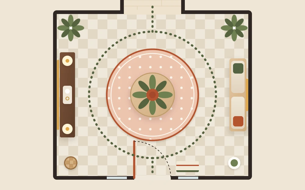 Floor plan of a large square foyer with a round table on a round rug, a long console, a bench opposite and dotted walking paths