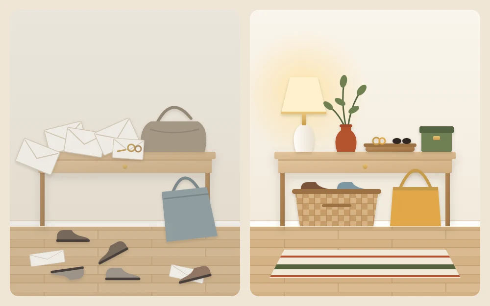 An entry console shown twice: cluttered with mail, keys, bags and shoes, then tidy with a tray, lidded box, basket, lamp and vase
