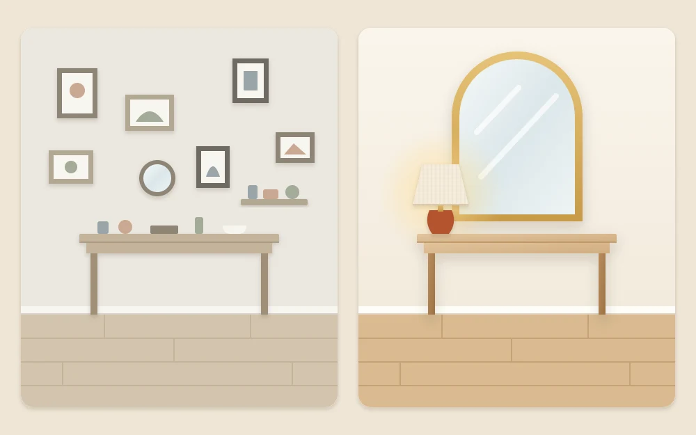 One entry wall drawn twice: six small scattered frames, a tiny mirror and a little shelf, then a single large arched mirror above a console with a lamp