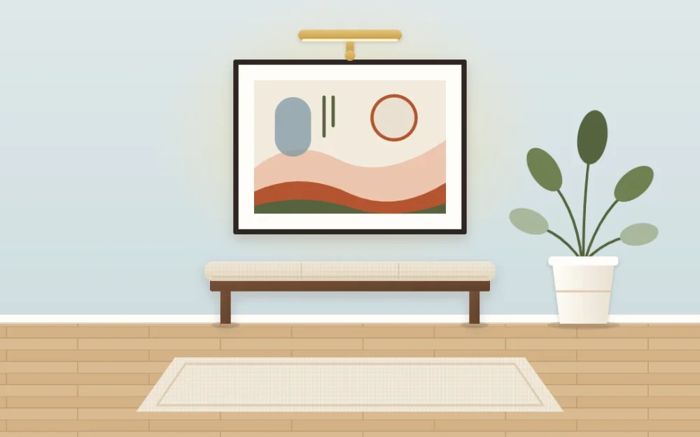 Entry wall with one large abstract artwork in a slim frame centered above a low bench, a small picture light and a single plant