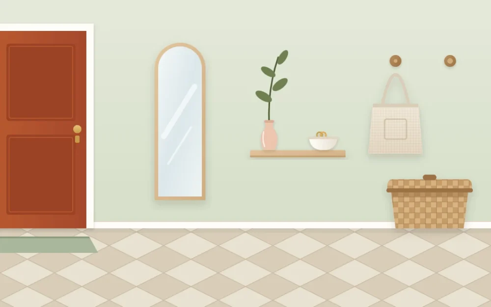 Minimalist entry with a short floating shelf holding one bowl, a slim tall mirror, two wooden pegs with a bag, a lidded basket and a single stem in a vase