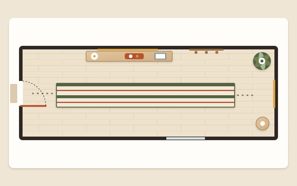 Top-down plan of a long narrow hall with a slim console on one wall, a runner down the middle, a clear opposite wall and a plant at the far end