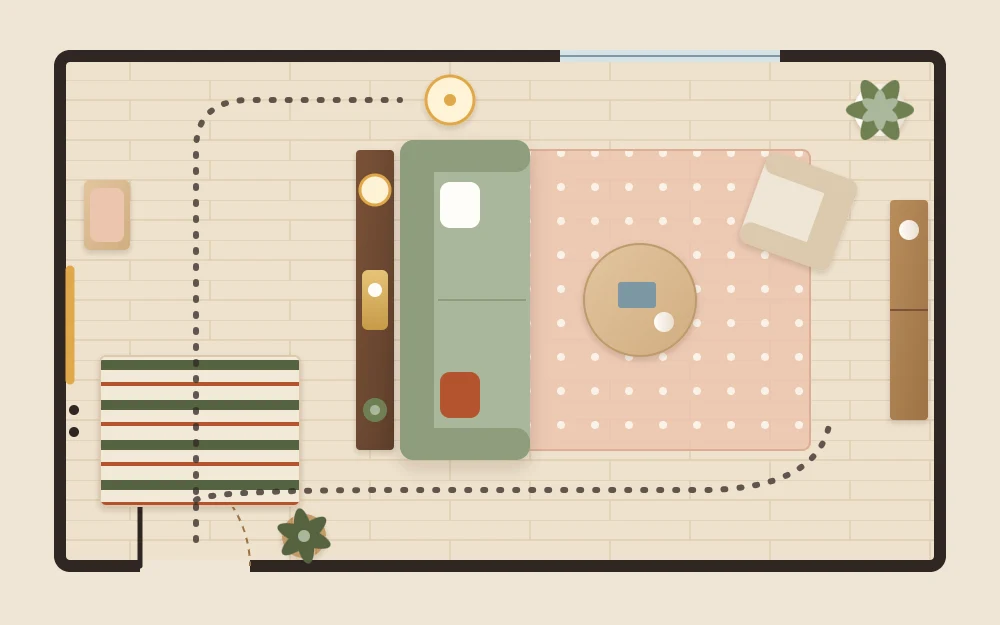 Floor plan of a living room with a rug inside the front door, a console behind the sofa back, a mirror on the side wall and a dotted path