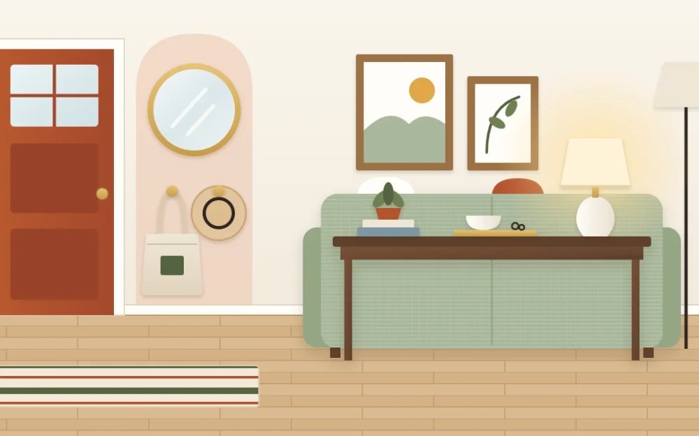 Front door opening into a living room with a small rug, a slim console behind the sofa with a lamp and tray, and a round mirror with two hooks
