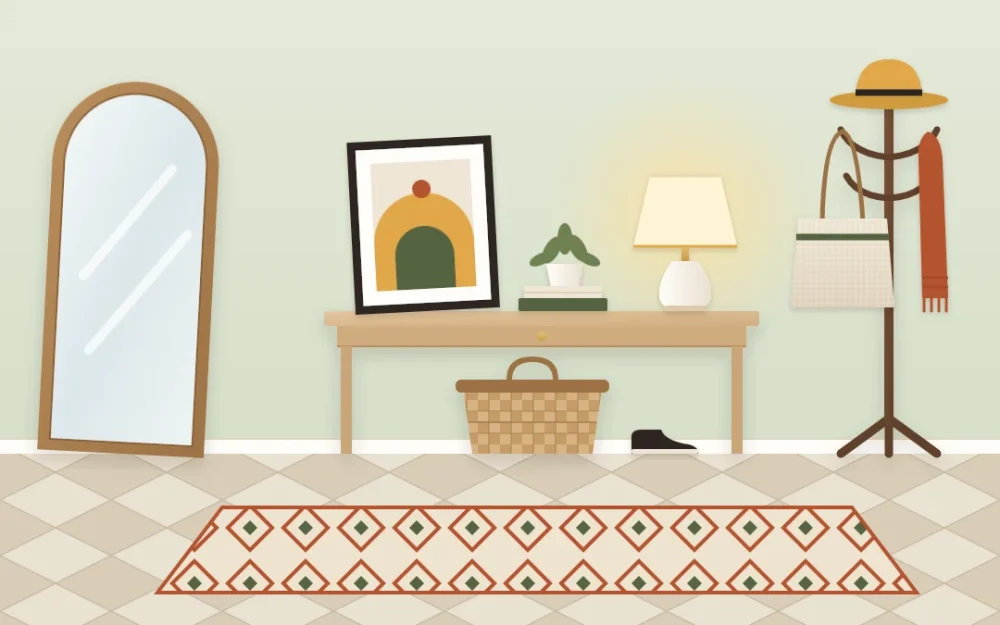 Rental entry with a leaning floor mirror, a freestanding coat stand with a hat, a slim console with a leaning print and lamp, and a patterned rug