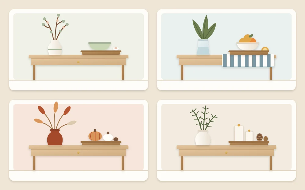 Four tiles, one per season, showing the same console with its vase and tray restyled in seasonal colors and stems