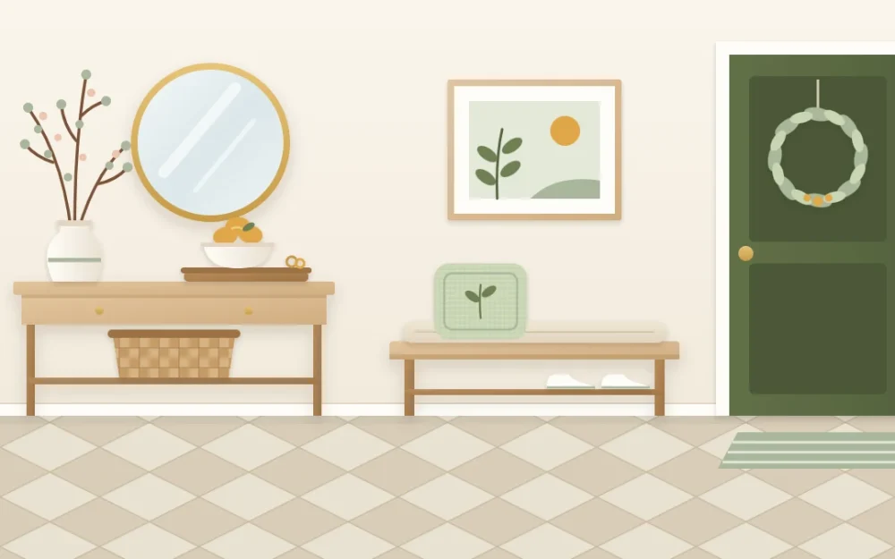 Console and bench entry styled for spring with a vase of budding branches, a tray with a bowl of lemons, a pale green cushion and a leafy wreath on the door