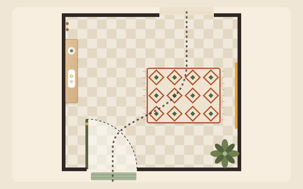 Top-down plan of a tiny square entry with the door swing arc, a shallow wall shelf, a small rug clear of the door and a dotted walking path