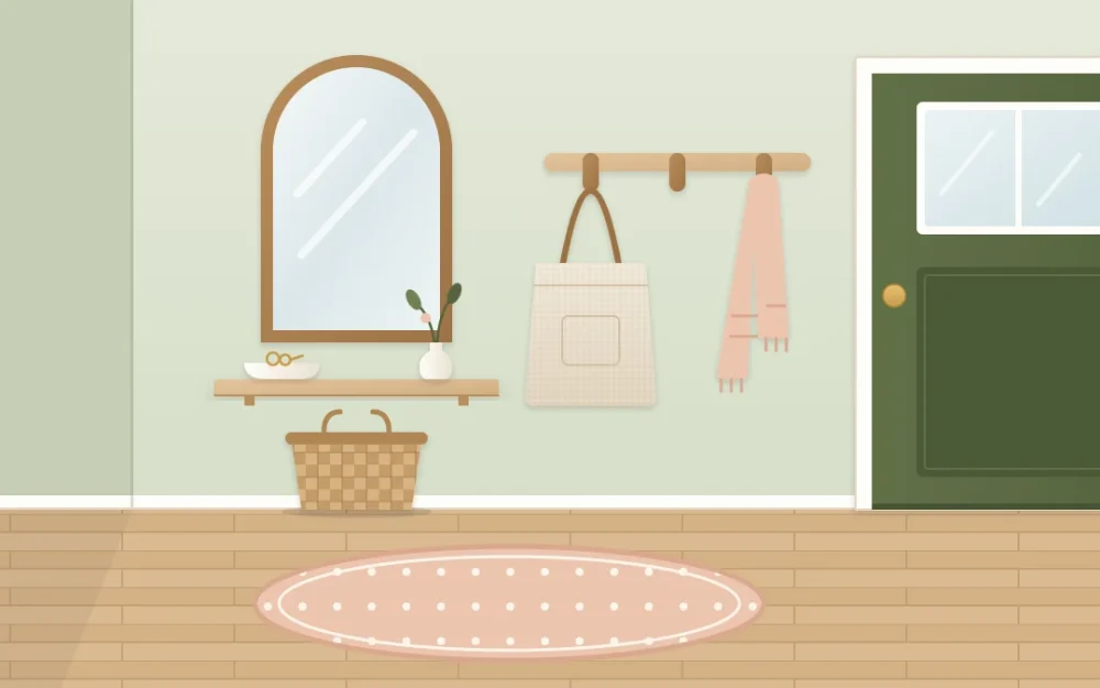 Very small entryway corner beside a door with a shallow floating shelf, a tall arched mirror, three wooden hooks and a small round rug