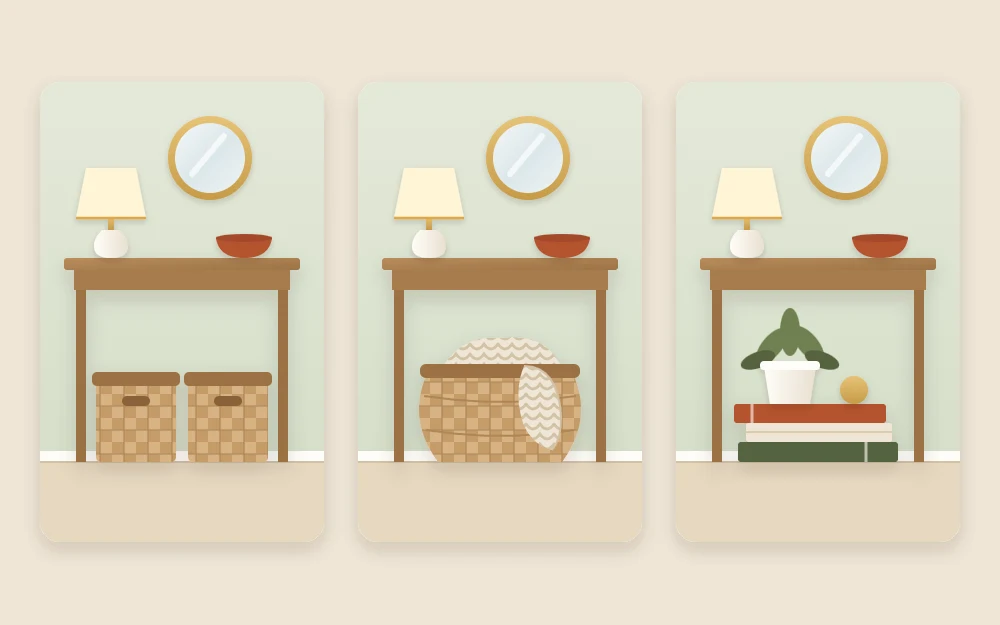The same console three ways: two square woven baskets beneath, one large round basket with a blanket, and stacked books with a potted plant